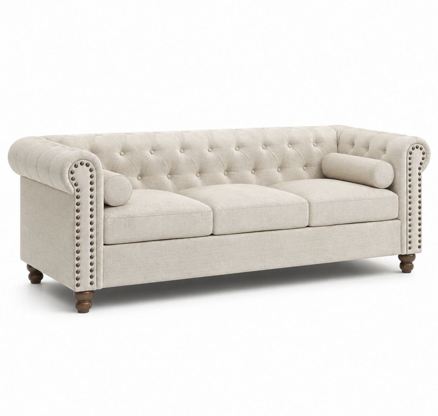 Sofa Chesterfield lniana beżowa z guzikami dekoracyjnymi 210x90x75 cm