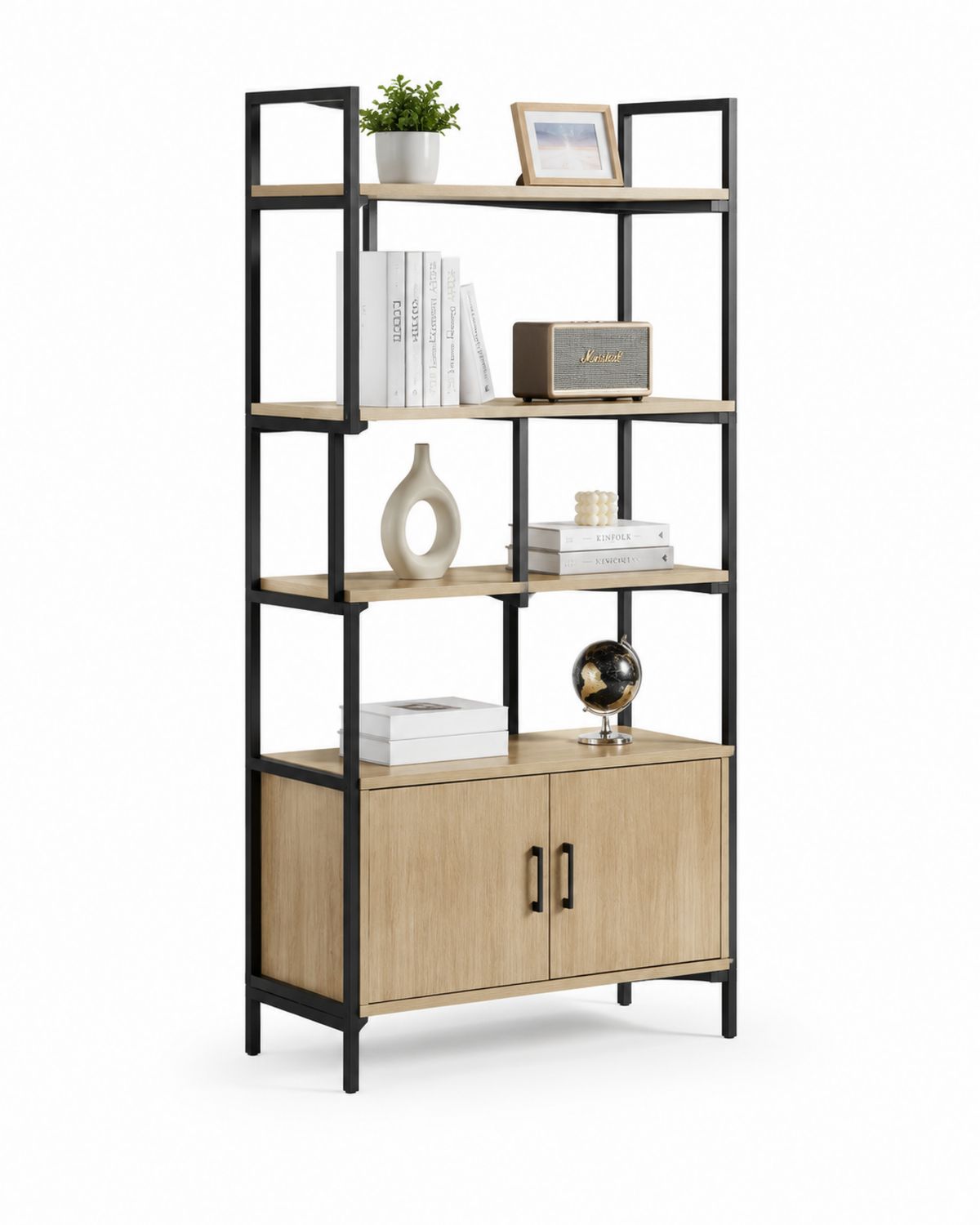 Regał metalowy z płytą MDF w kolorze dębowym i czarną ramą 80x30x180 cm