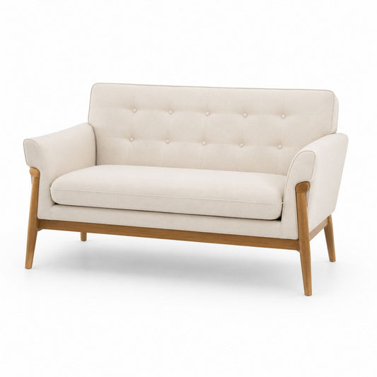 Sofa dwuosobowa lniana beżowa z drewnianą ramą