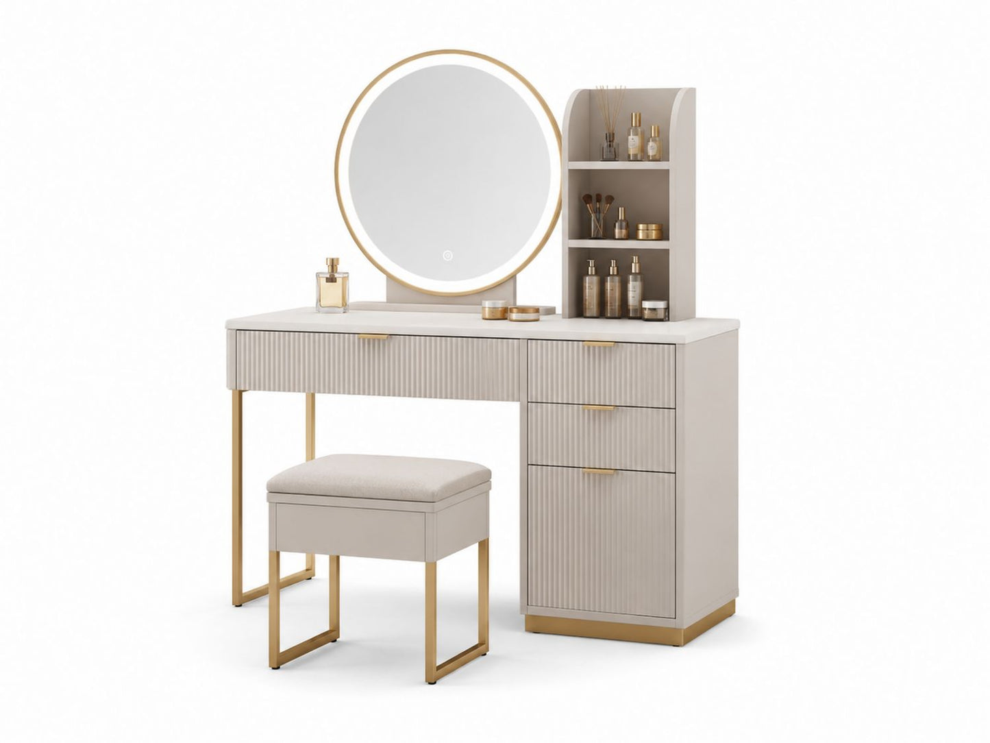 Toaletka z lustrem LED, MDF, stal, Beżowy/Złoty