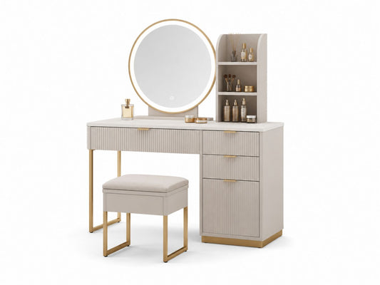 Toaletka z lustrem LED, MDF, stal, Beżowy/Złoty